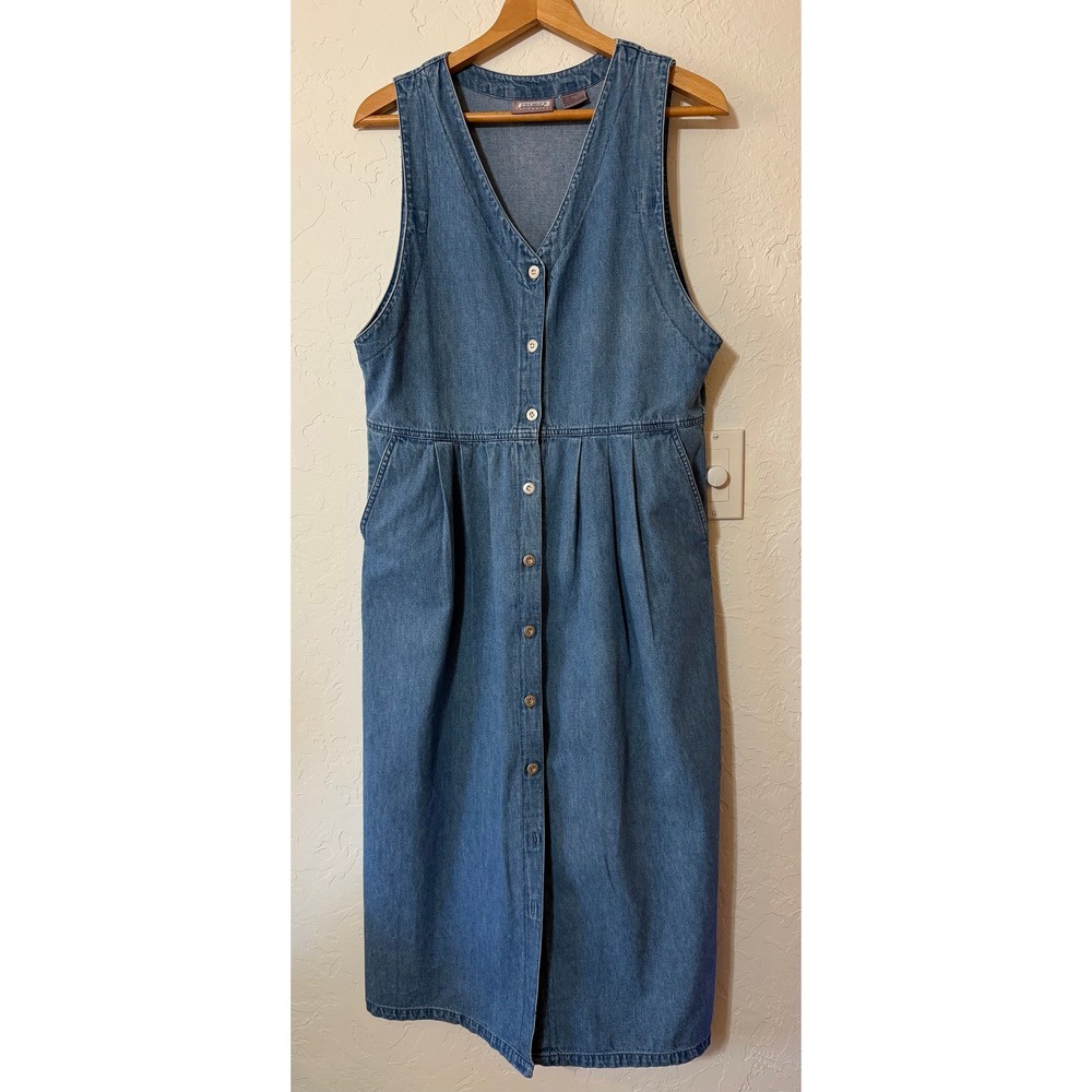 Vtg Premier Denim Jumper Dress M Button Front 90s Cottagecore Pinafore Maxi Jean